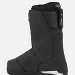 Black snowboard boots with side panel padding and vertical branding detail