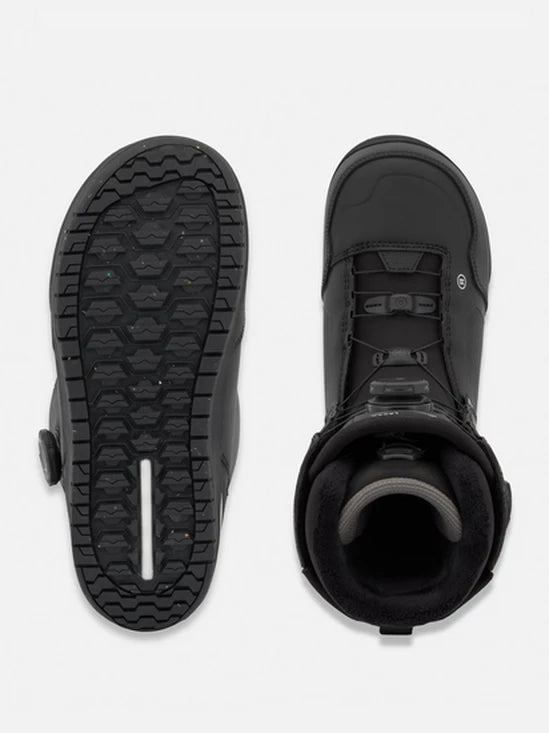 Snowboard boots outsole and interior opening view in black with deep tread