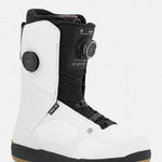 White snowboard boots with black accents, BOA dial, and lace closure