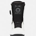 White snowboard boots with black cuff, BOA dial, and cushioned lining