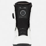 White snowboard boots with black cuff, BOA dial, and cushioned lining