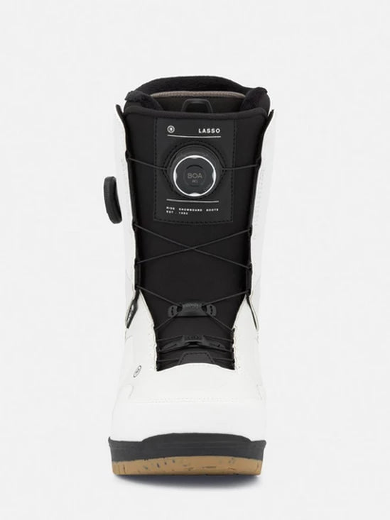 White snowboard boots with black cuff, BOA dial, and cushioned lining
