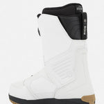 Snowboard boots with white uppers and black ankle panel, padded cuff, side view
