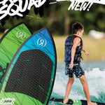 Ronix Junior's Alpha Squad Sea Captain Wakesurf Board 2024 - A green and blue wakesurf board with a black logo on top, featuring a geometric pattern design.