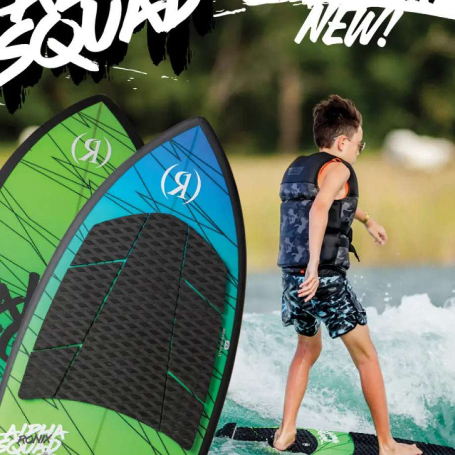 Ronix Junior's Alpha Squad Sea Captain Wakesurf Board 2024 - A green and blue wakesurf board with a black logo on top, featuring a geometric pattern design.