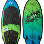 Ronix's Junior's Alpha Squad Sea Captain Wakesurf Board - A blue and green wakesurf board with a black diamond pattern on top, featuring a white logo at the top center.