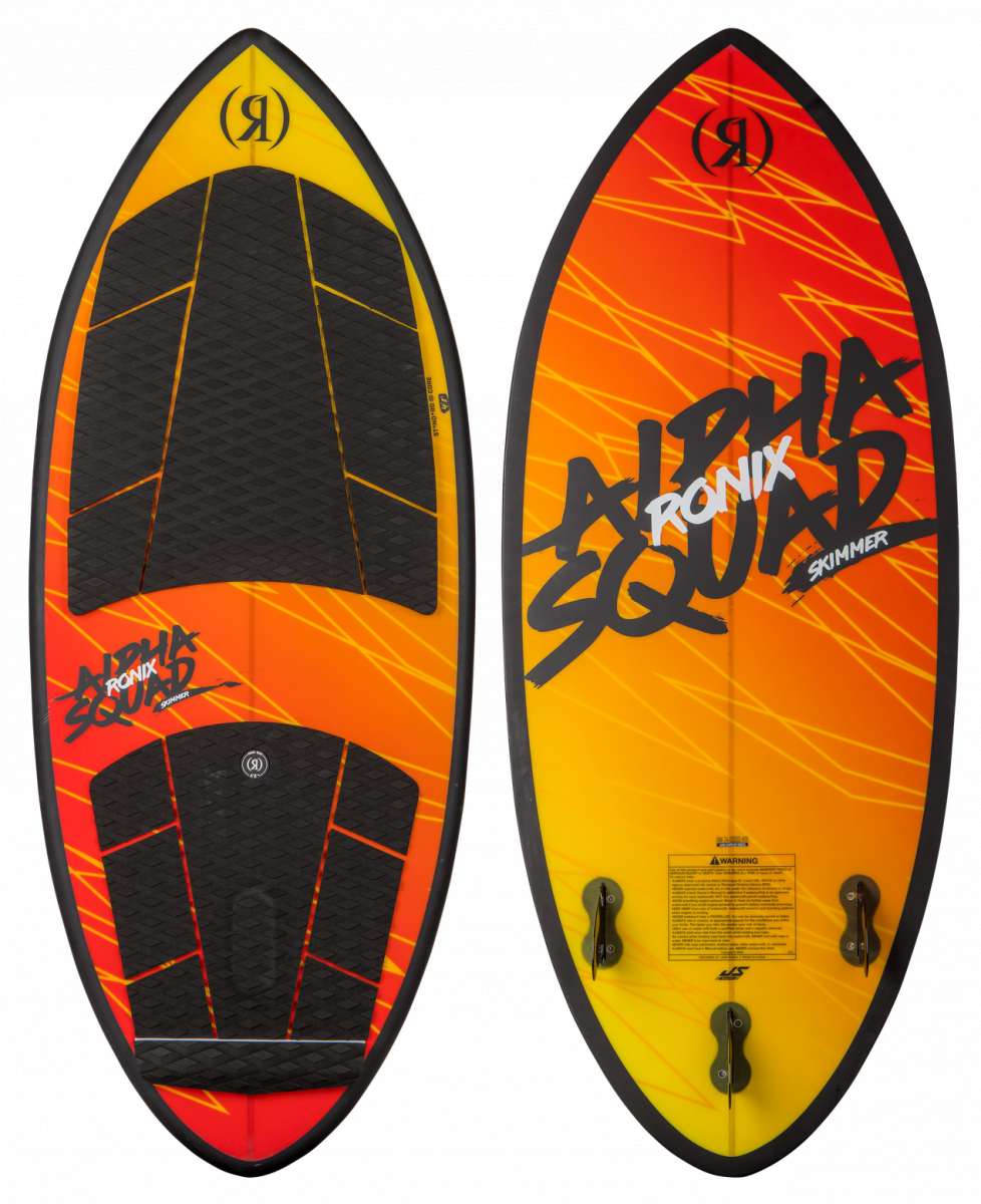 Ronix Alpha Squad Skimmer Wakesurf Board 2024 - A wakesurf board with a predominantly black base and yellow accents on the top and bottom edges.