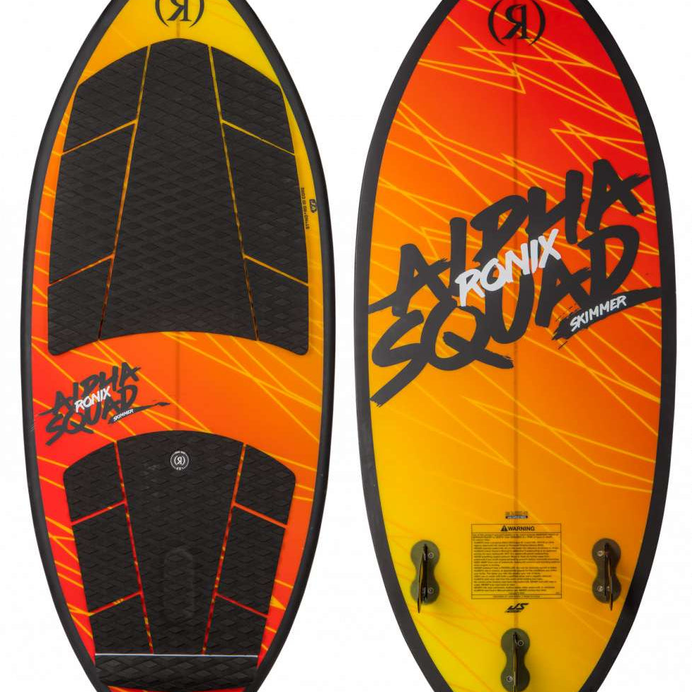 Ronix Alpha Squad Skimmer Wakesurf Board 2024 - A wakesurf board with a predominantly black base and yellow accents on the top and bottom edges.