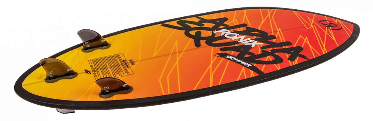 Ronix Alpha Squad Skimmer Wakesurf Board 2024 - A bright orange wakesurf board with a black border and white lettering, featuring a distinctive "Alpha Squad" logo on its surface.