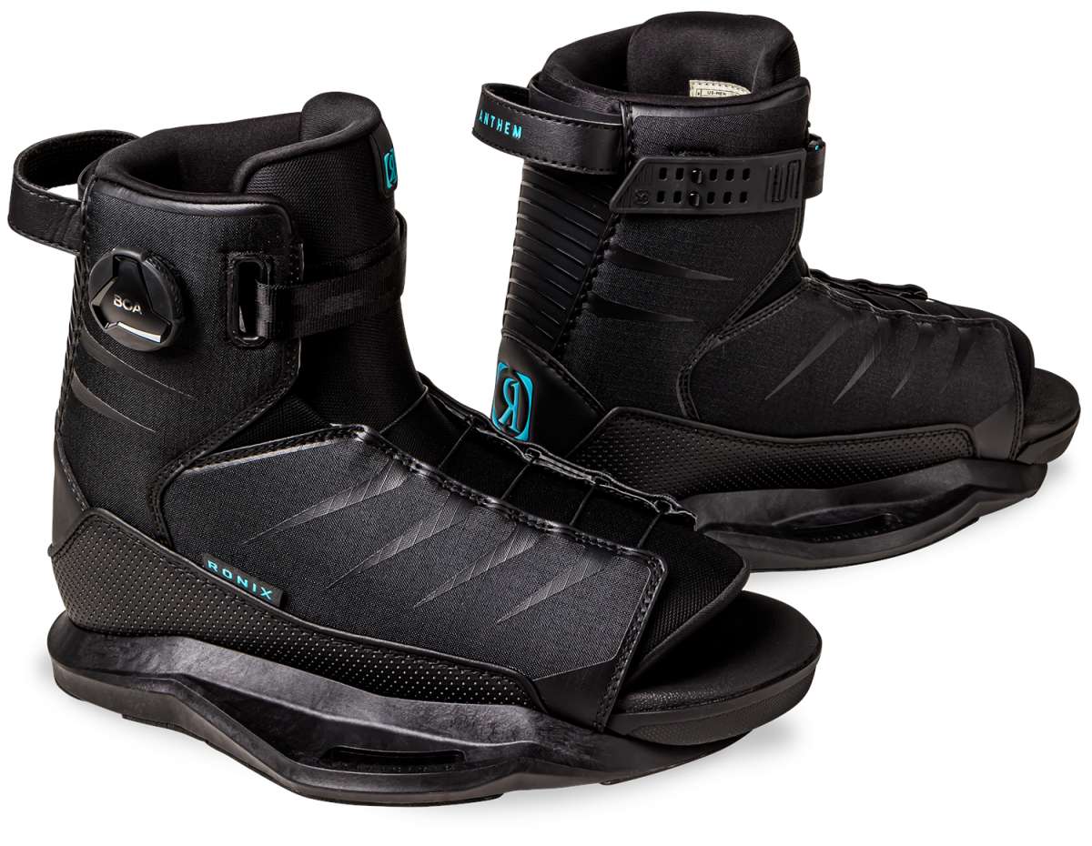 Ronix Anthem BOA Wake Boot 2024 - Black boots with teal accents and a BOA closure system on the side.