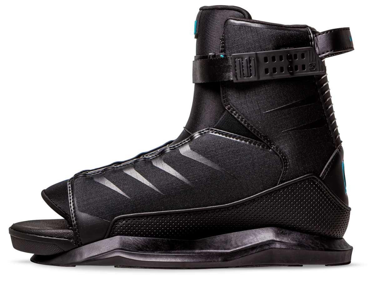 Ronix - Anthemic black wake boot with a blue logo on the side and a strap around the top.