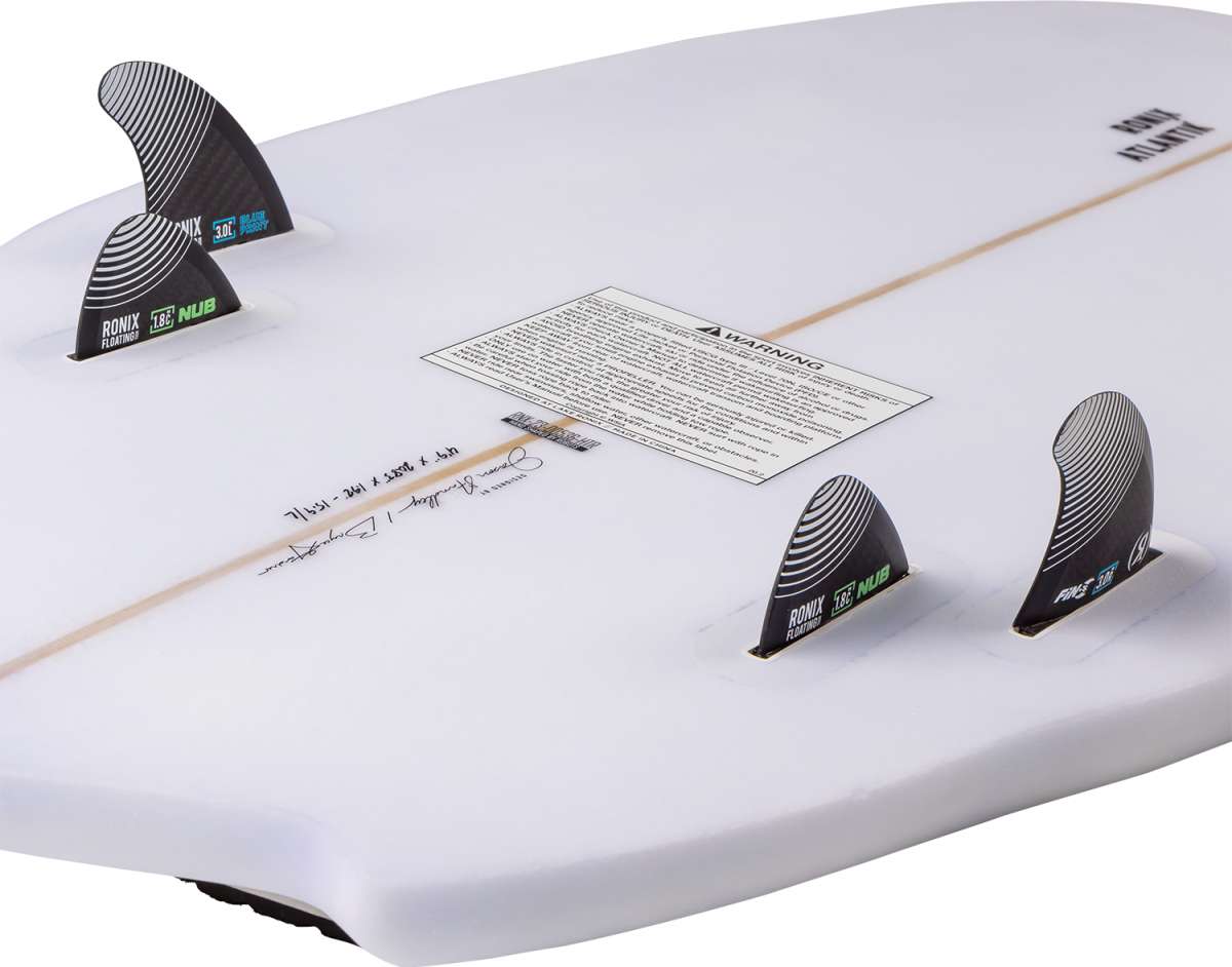 Ronix Flyweight Atlantik Wakesurf Board 2024 - White wakesurf board with black and blue accents on top, featuring a distinctive pattern of diagonal stripes.
