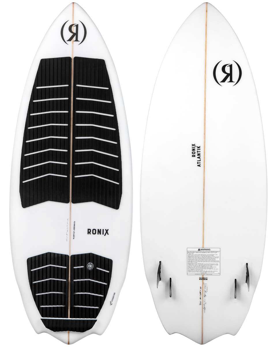 Ronix Flyweight Atlantik Wakesurf Board 2024 - White wakesurf board with black fins and a white logo on top.