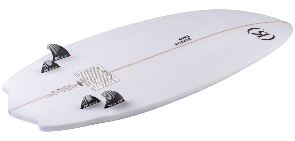 Ronix Flyweight Atlantik Wakesurf Board 2024 - White surfboard with a black logo on the tail and a brown stripe down the middle.
