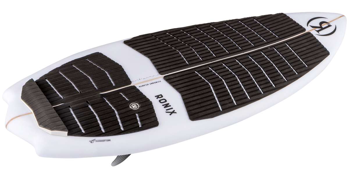 Ronix Flyweight Atlantik Wakesurf Board 2024 - A white wakesurf board with a black logo on the top right corner and a black fin at the bottom.