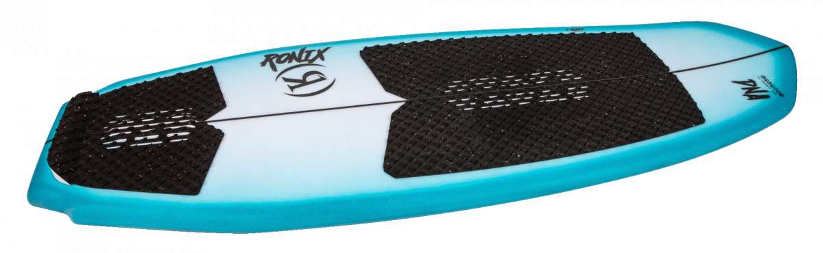 Ronix Flyweight Pro DNA Wakesurf Board 2024 - A blue and white wakesurf board with a black logo on top.