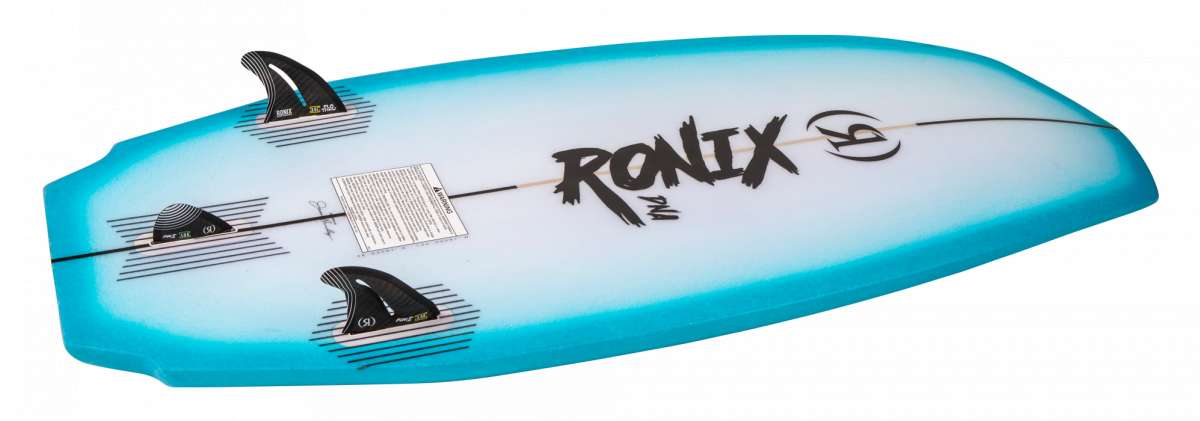 Ronix Flyweight Pro DNA Wakesurf Board 2024 - A blue and white wakesurf board with a black logo on top.