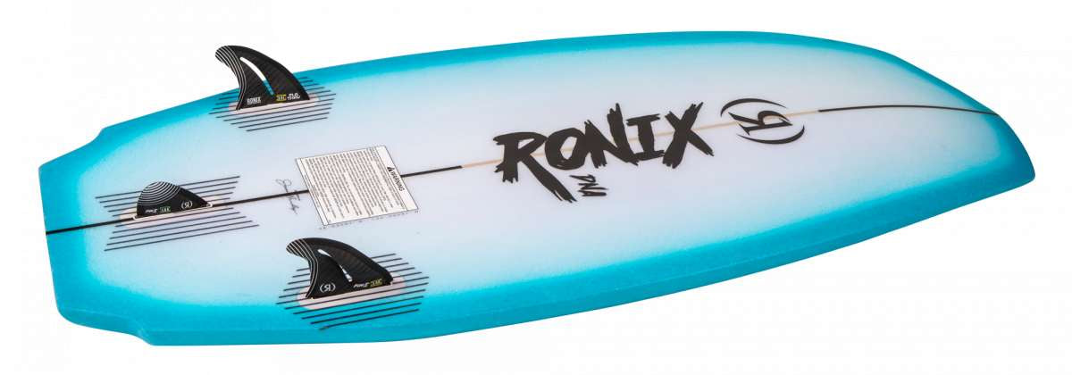 Ronix Flyweight Pro DNA Wakesurf Board 2024 - A blue and white wakesurf board with a black logo on top.