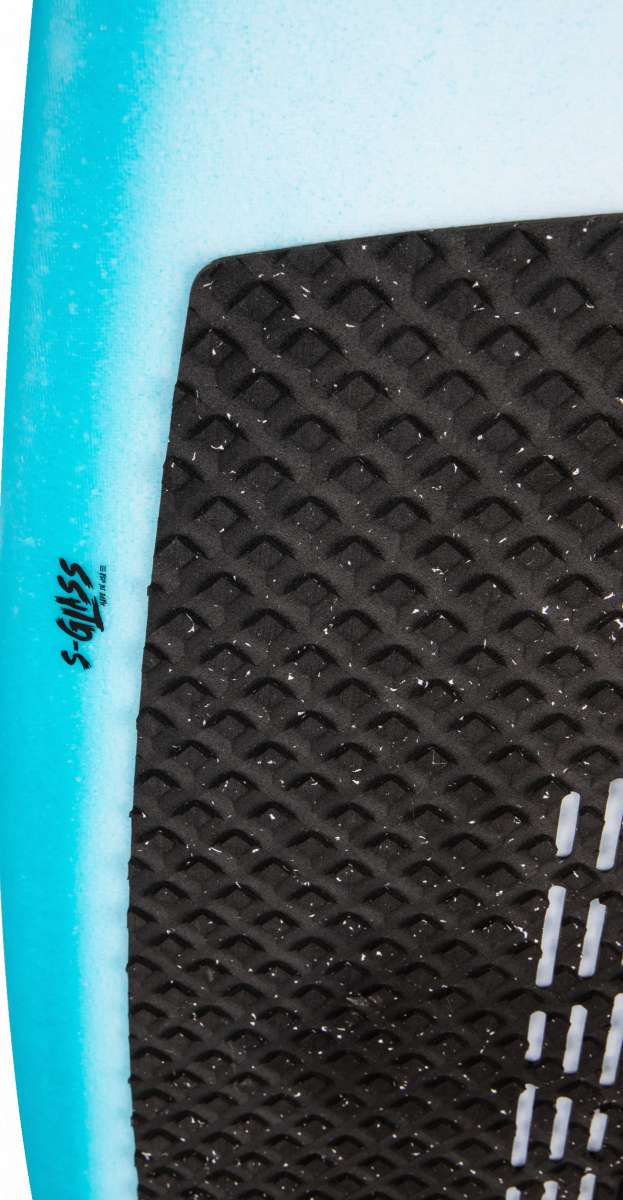 Ronix Flyweight Pro DNA Wakesurf Board 2024 - A blue and white wakesurf board with a diamond pattern on its bottom.