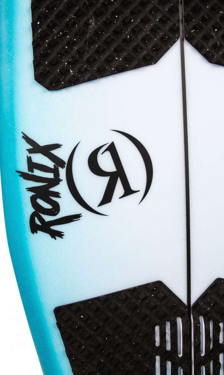 Ronix Flyweight Pro DNA Wakesurf Board 2024 - A blue and white wakesurf board with a black logo featuring a stylized "R" in the center.