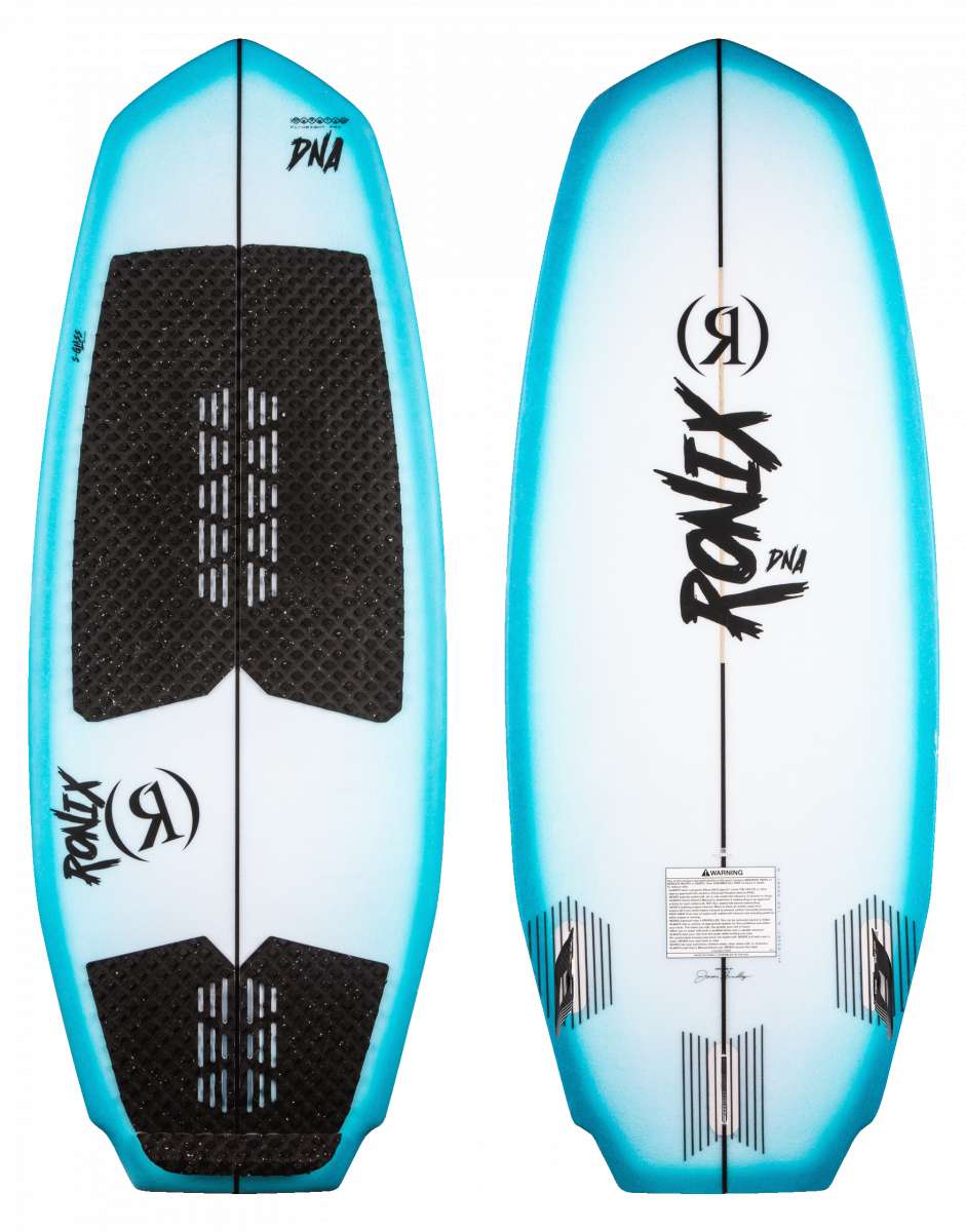 Ronix Flyweight Pro DNA Wakesurf Board 2024 - A light blue wakesurf board with a black logo and white lettering on its top surface.