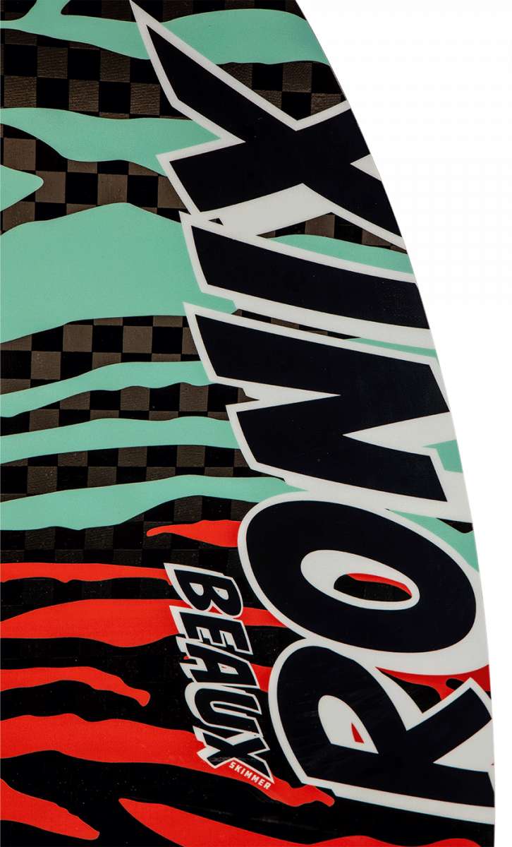 Ronix High Voltage Beaux Skimmer Wakesurf Board 2024 - A black wakesurf board with a red and white logo on the top left side, featuring a checkered pattern in the background.