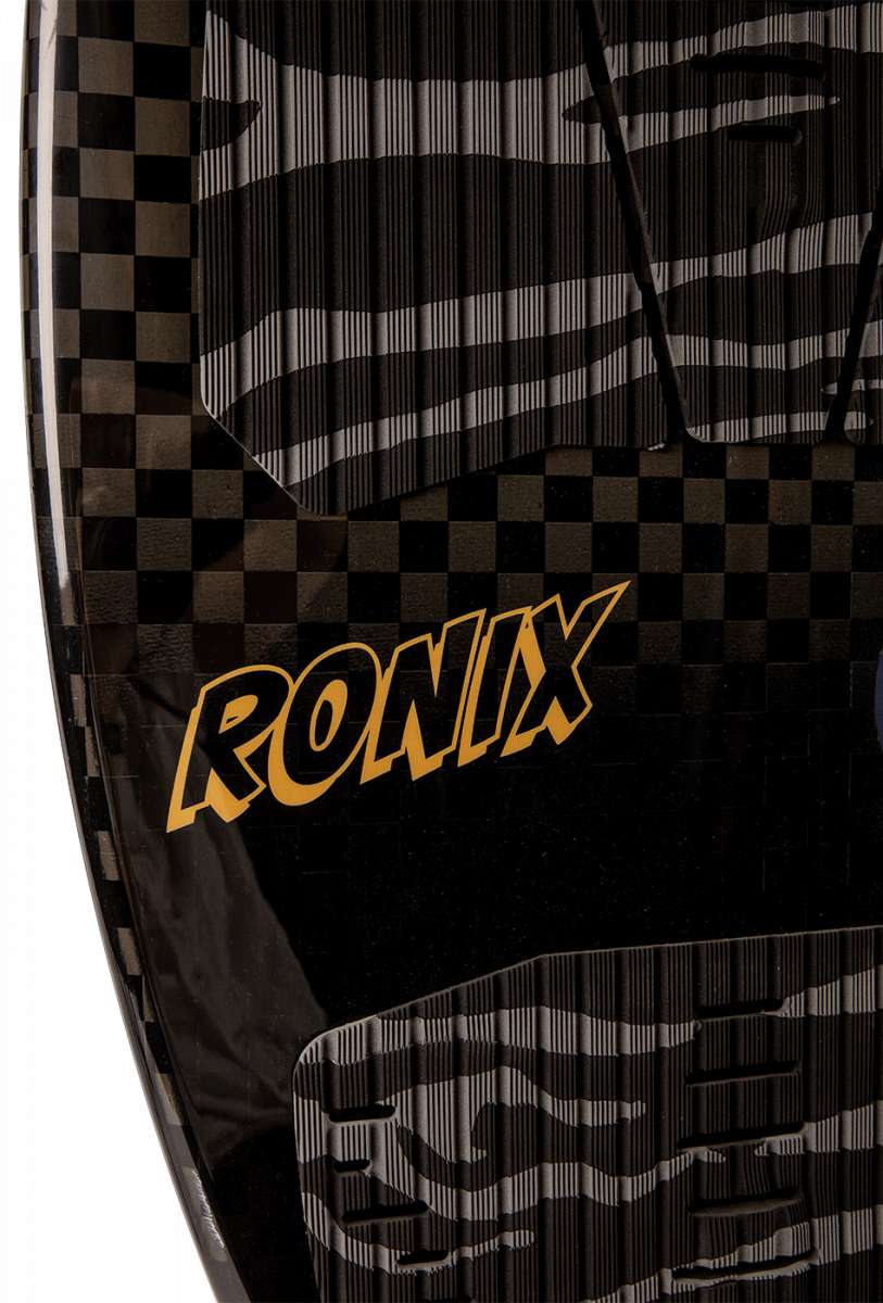 Ronix High Voltage Beaux Skimmer Wakesurf Board 2024 - A black wakesurf board with a white and gray checker pattern on top, featuring a distinctive "HV" logo in white at the center.