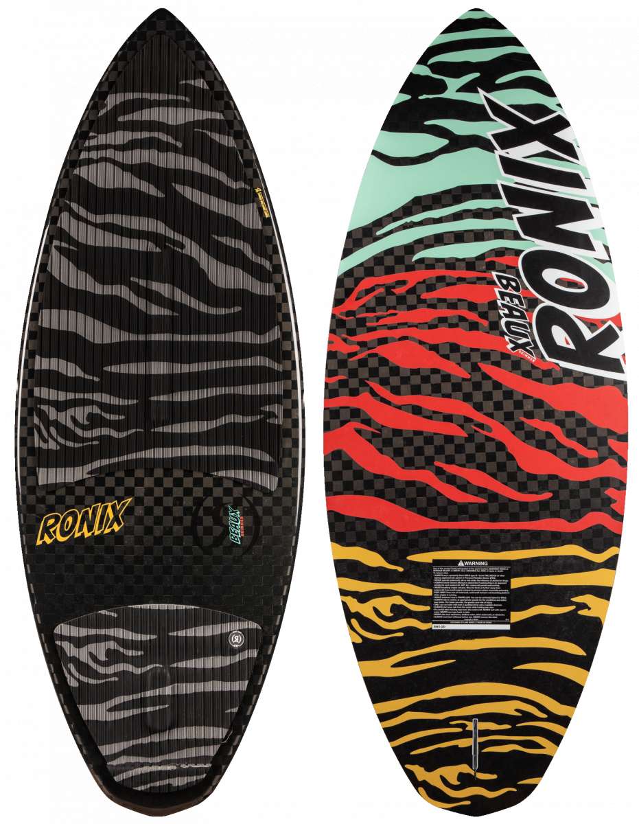 Ronix High Voltage Beaux Skimmer Wakesurf Board 2024 - Black board with gray zebra-striped pattern on top and bottom, mint green accents at top, red accents in the middle, and yellow accents at the bottom.