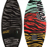 Ronix High Voltage Beaux Skimmer Wakesurf Board 2024 - Black board with gray zebra-striped pattern on top and bottom, mint green accents at top, red accents in the middle, and yellow accents at the bottom.
