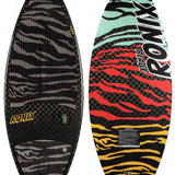 Ronix High Voltage Beaux Skimmer Wakesurf Board 2024 - Black board with gray zebra-striped pattern on top and bottom, mint green accents at top, red accents in the middle, and yellow accents at the bottom.