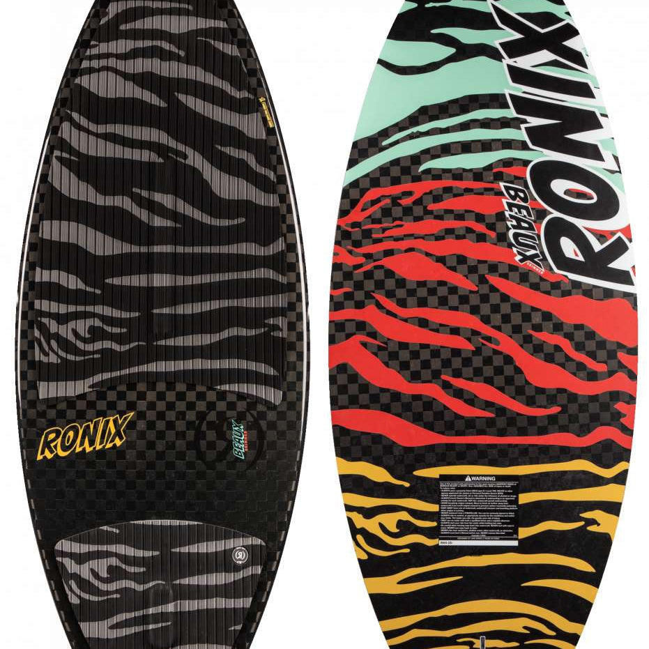 Ronix High Voltage Beaux Skimmer Wakesurf Board 2024 - Black board with gray zebra-striped pattern on top and bottom, mint green accents at top, red accents in the middle, and yellow accents at the bottom.