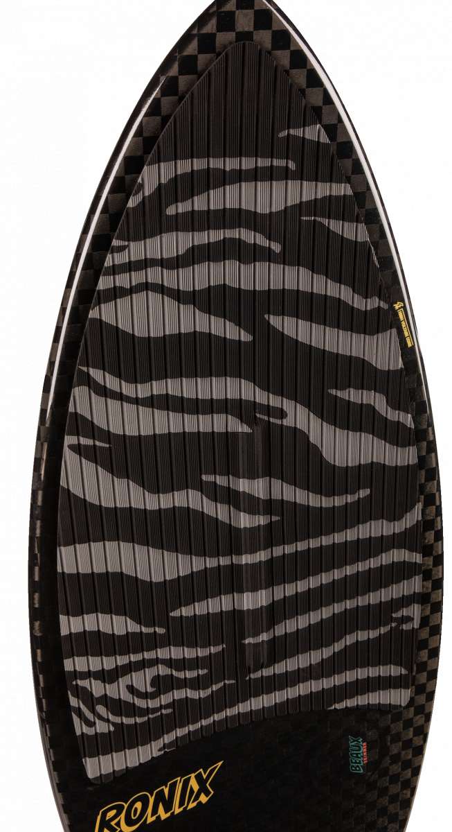 Ronix High Voltage Beaux Skimmer Wakesurf Board 2024 - A black wakesurf board with a white zebra-striped pattern on its top surface.