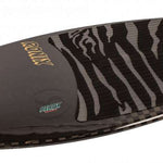 Ronix High Voltage Beaux Skimmer Wakesurf Board 2024 - A black wakesurf board with a zebra-striped pattern on its top surface.