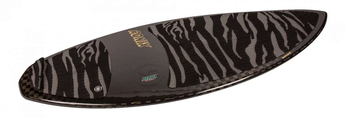 Ronix High Voltage Beaux Skimmer Wakesurf Board 2024 - A black wakesurf board with a zebra-striped pattern on its top surface.