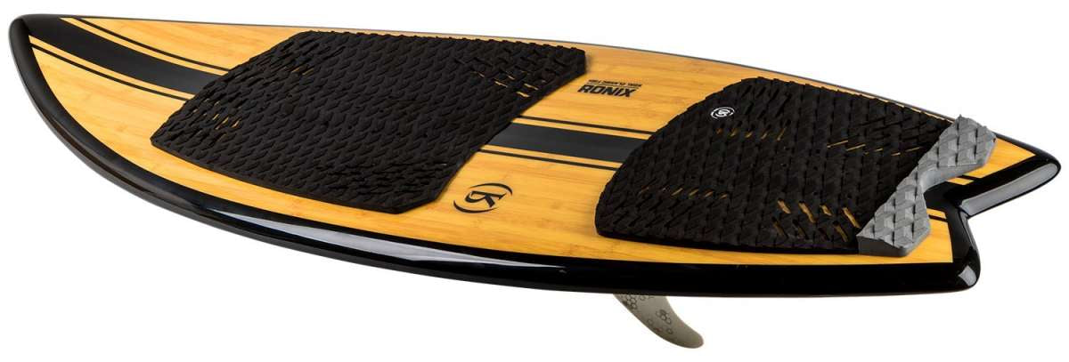 Ronix Koal Classic Fish Wakesurf Board 2024 - A light-colored board with a fish-shaped outline and black stripes on its side.