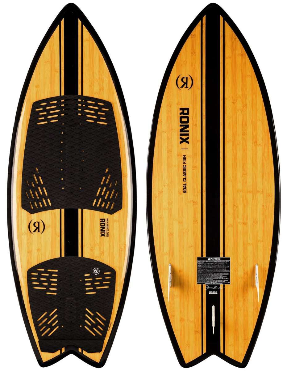 Ronix - Koal Classic Fish Wakesurf Board 2024 is a light brown board with black accents and a fish-shaped design.