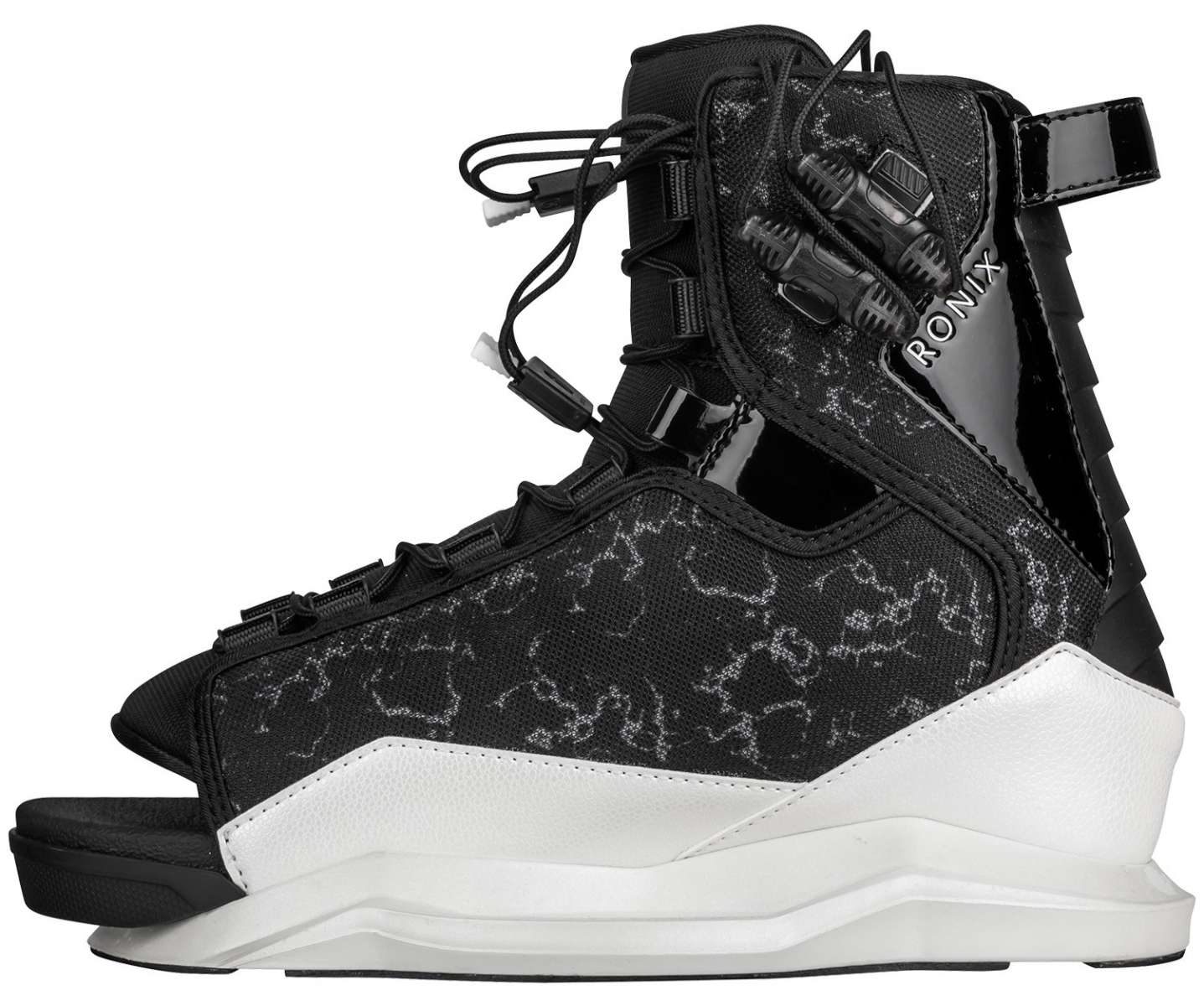 Ronix Ladies Halo Wake Boot 2024 - Black wakeboarding boots with a textured pattern on the upper and black laces.