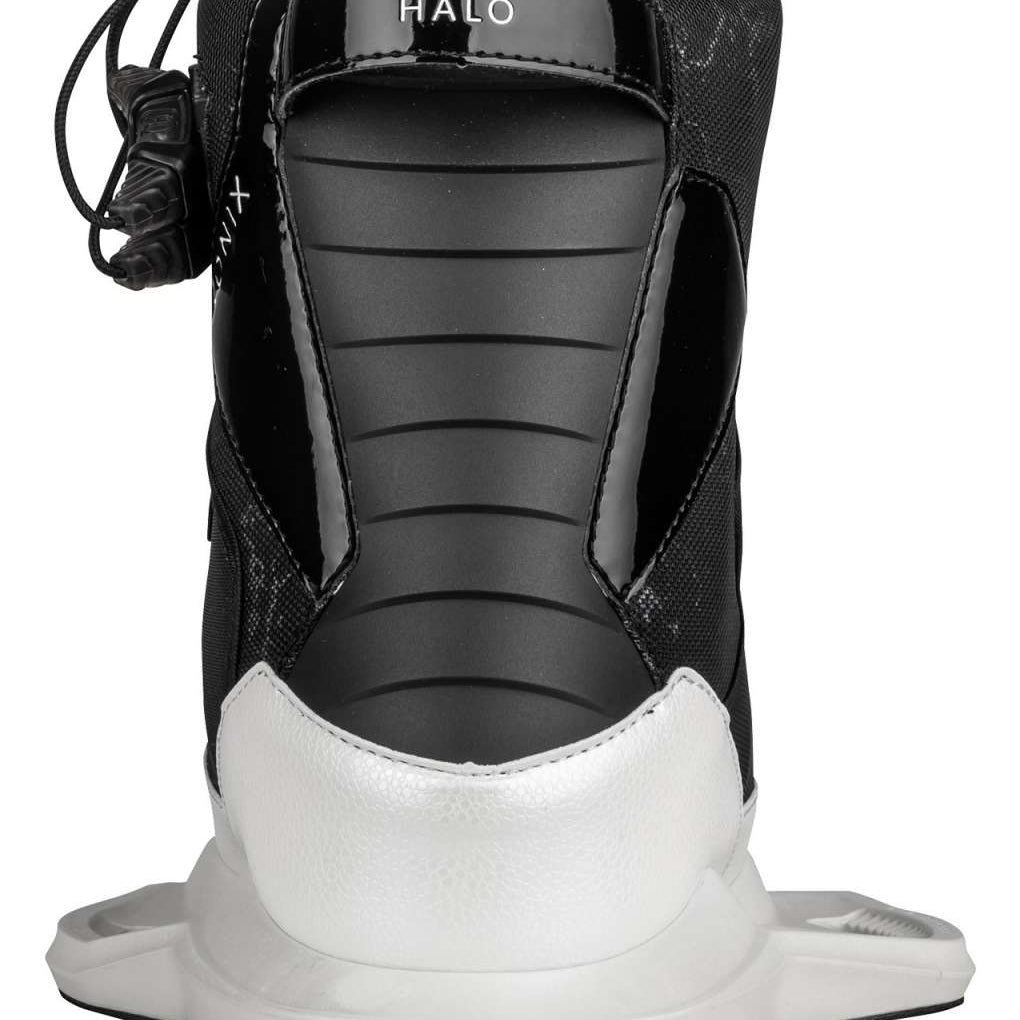 Ronix Ladies Halo Wake Boot 2024 - Black wake boot with white accents and a textured pattern on the heel.