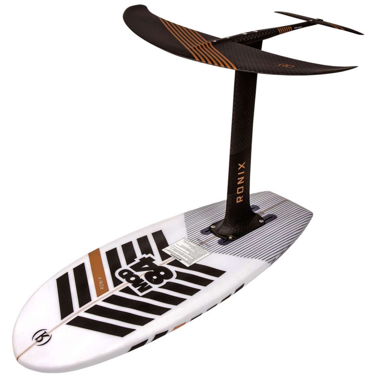 Ronix - Mod 84 Wakefoil with 29" Shadow Mast is shown from a side angle, featuring a sleek black and white design.