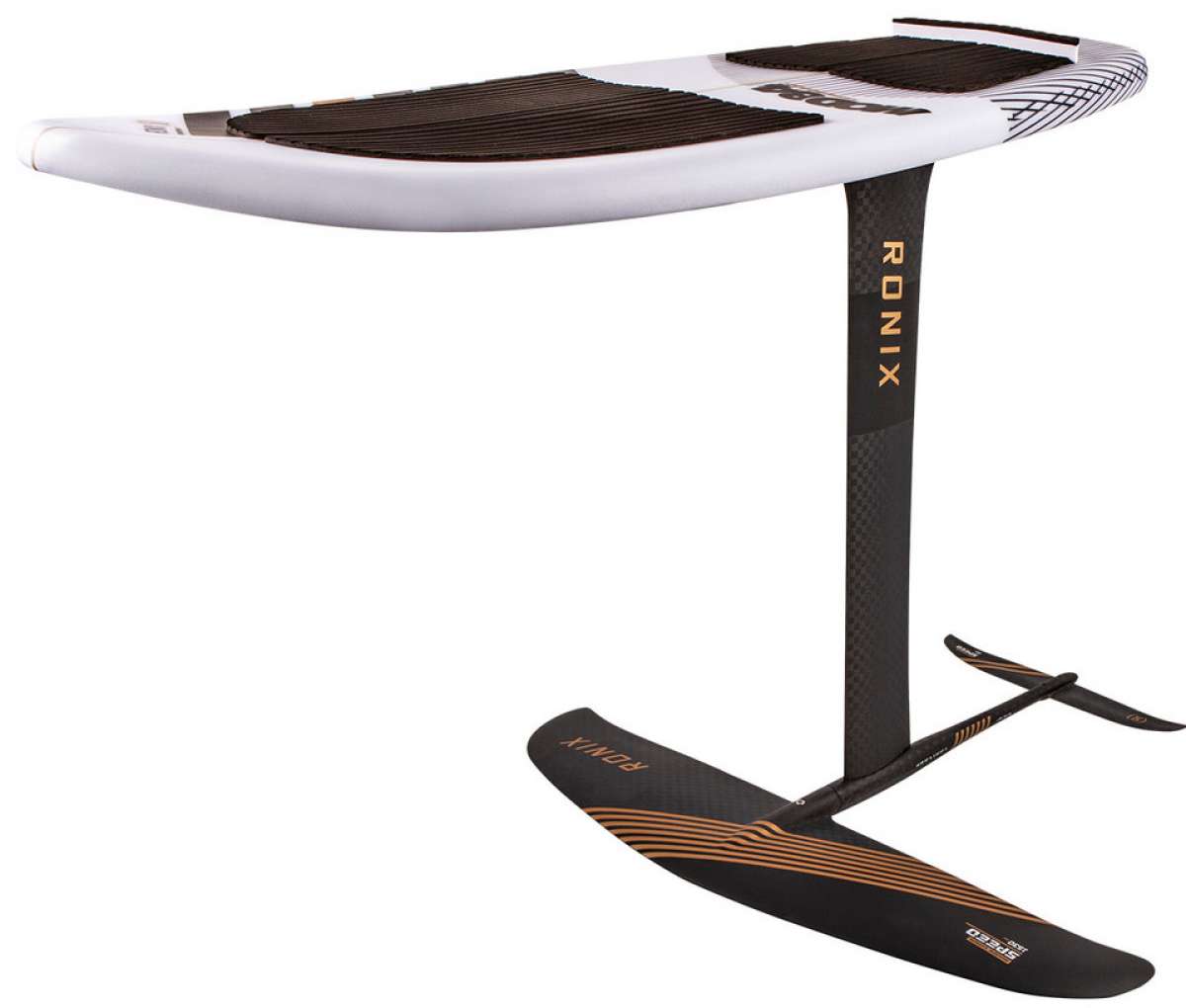 Ronix - Mod 84 Wakefoil with 29" Shadow Mast is shown from a side angle, featuring a sleek black mast and a white foil.