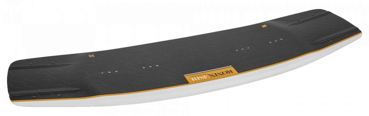 Ronix Ladies Rise Wakeboard 2024 - A black wakeboard with a white logo and yellow accents on the bindings.