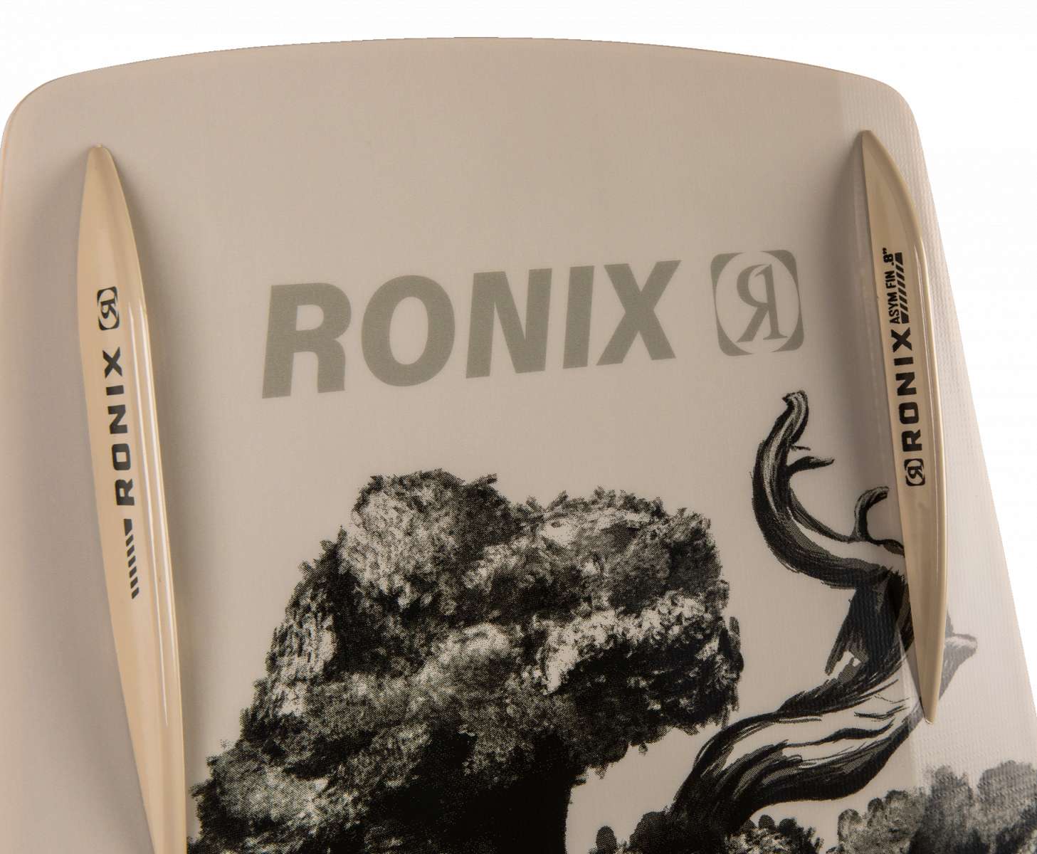 Ronix Supreme Wakeboard - A white wakeboard with a black logo on top, featuring a rider in action at the bottom.
