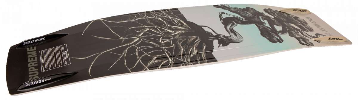 Ronix Supreme Wakeboard 2024 - A black wakeboard with white text that reads "Supreme" and a logo on top left corner.