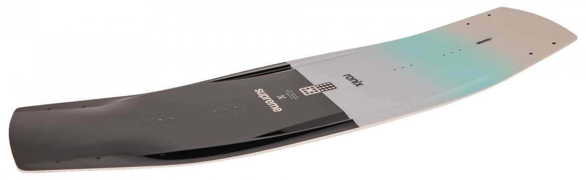 Ronix Supreme Wakeboard 2024 - A black wakeboard with a white logo and text on top, lying flat on its side.