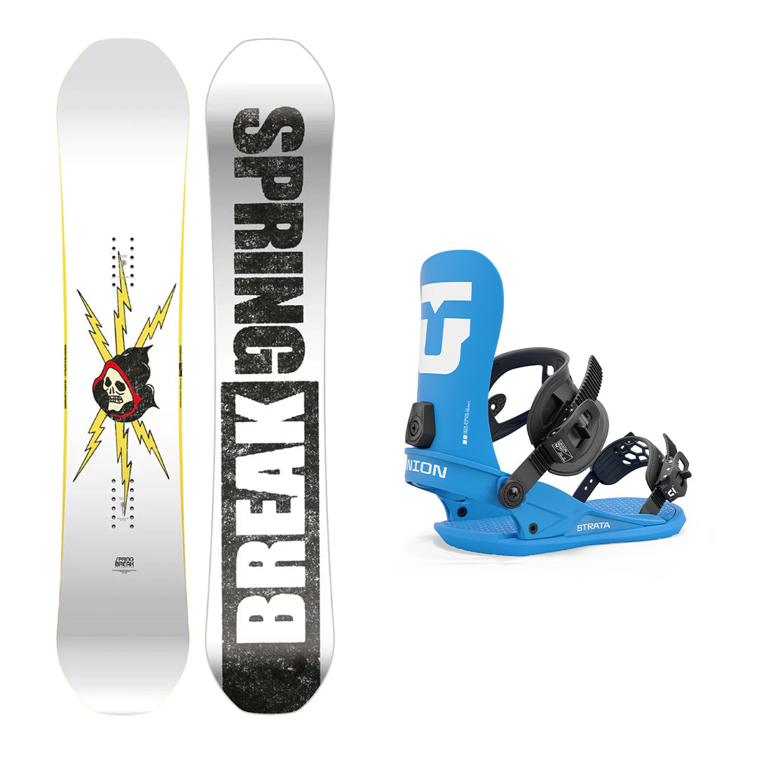 CAPiTA Spring Break Resort Twin Snowboard - A white snowboard with a black and yellow graphic of a skull wearing a red hoodie, surrounded by yellow lightning bolts.