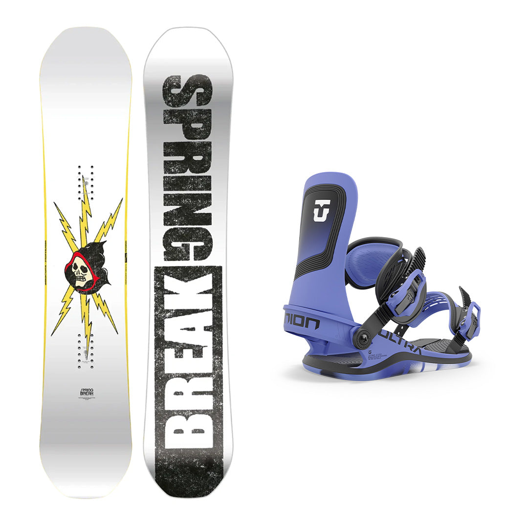 CAPiTA Spring Break Resort Twin Snowboard - A white snowboard with a black and red graphic of a skull wearing a hooded sweatshirt, surrounded by yellow lightning bolts.