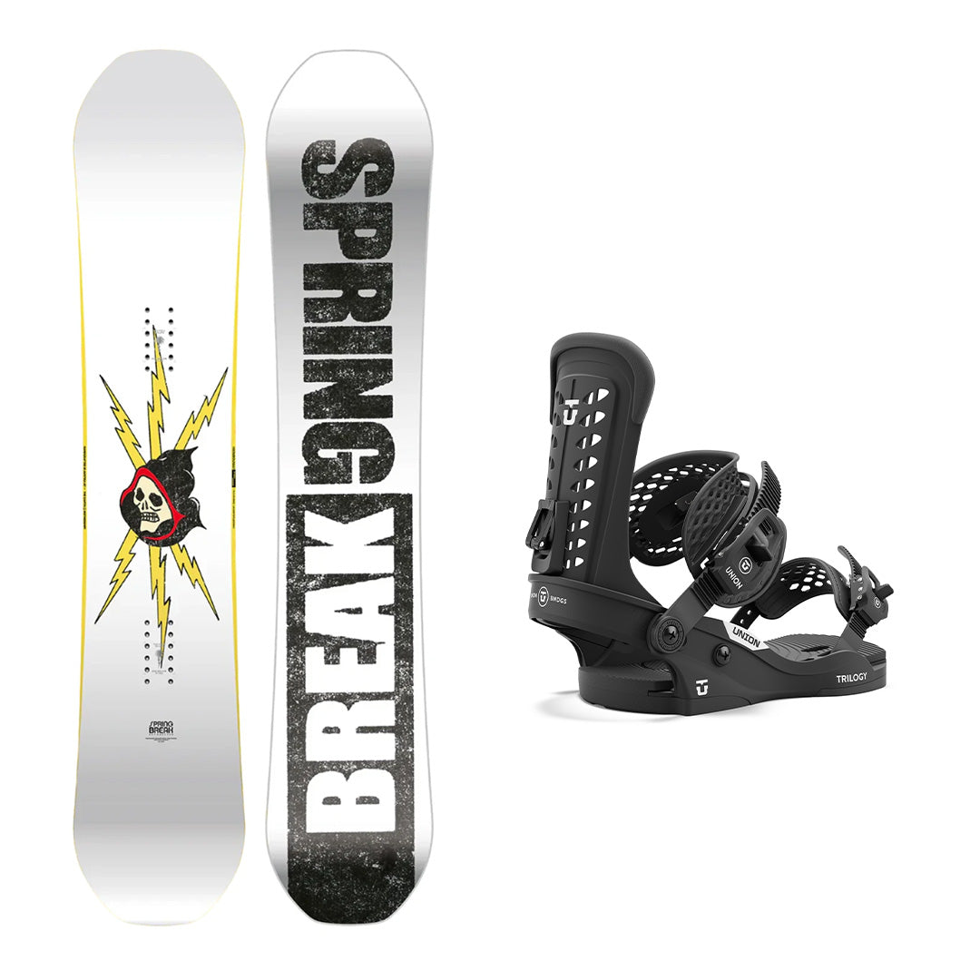 CAPiTA Spring Break Resort Twin Snowboard - A white snowboard with a black and yellow graphic of a skull wearing a red hoodie, surrounded by yellow lightning bolts.