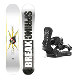 CAPiTA Spring Break Resort Twin Snowboard - A white snowboard with a black and yellow graphic of a skull wearing a red hoodie, surrounded by yellow lightning bolts.