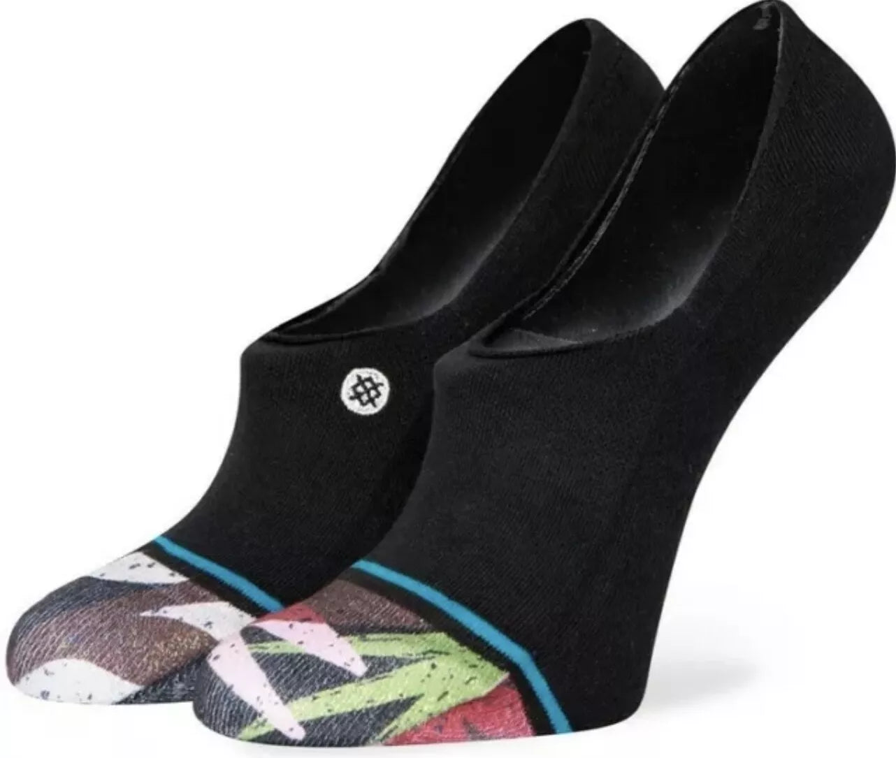 Stance Women's Headspace No Show Socks - Black socks with a colorful abstract design on toes and heel.