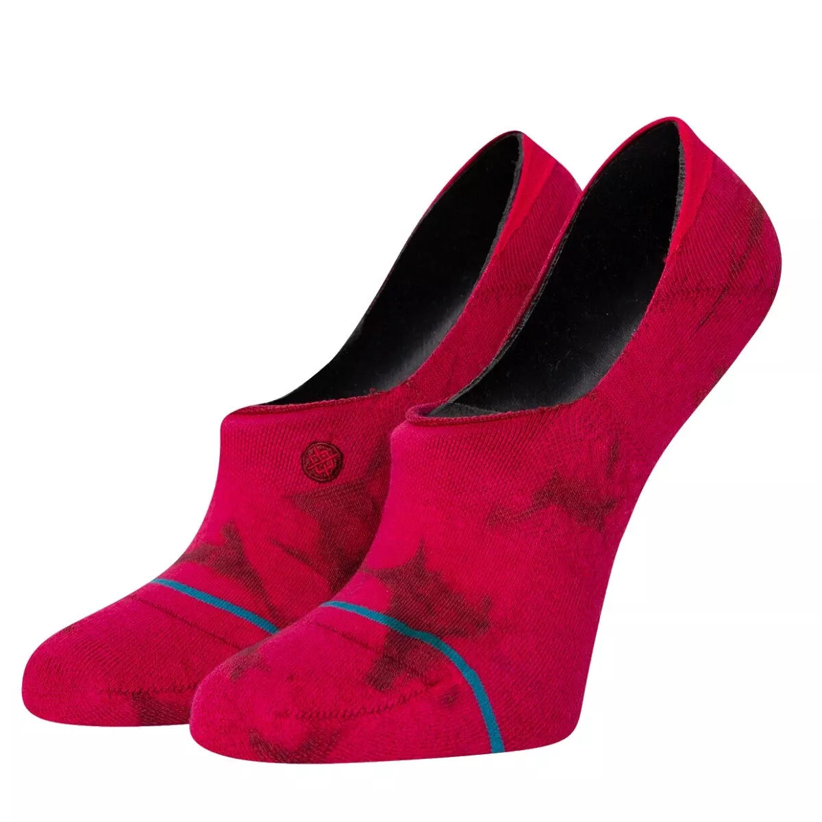 Zippy No Show C Sock Lds - A pair of pink no-show socks with a small circular logo on the top and a blue stripe at the toe.